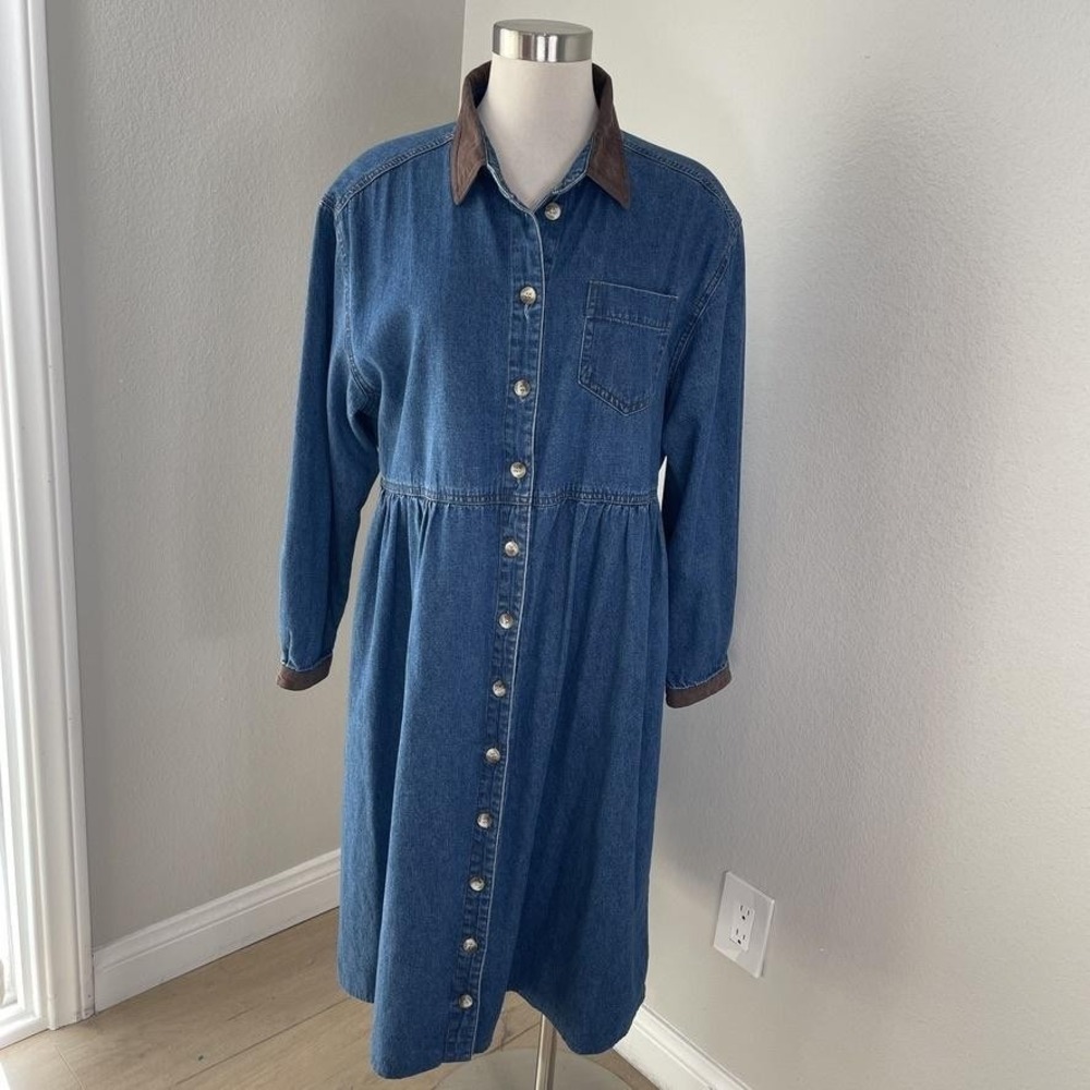 Vintage 90 TY Wear Shirt Dress Womens Petites Large Denim Button Up Pockets Midi